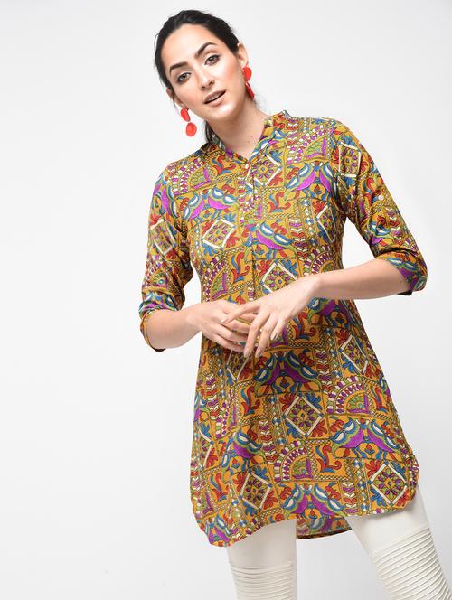 yellow rayon straight kurti - 15830991 - Very Small Image - 1