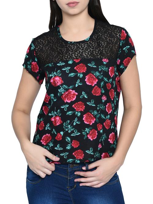 mesh panel yoke floral top - 15831604 - Very Small Image - 1
