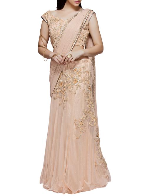 floral patchwork embellished beige lehenga saree with blouse - 15832156 - Very Small Image - 1