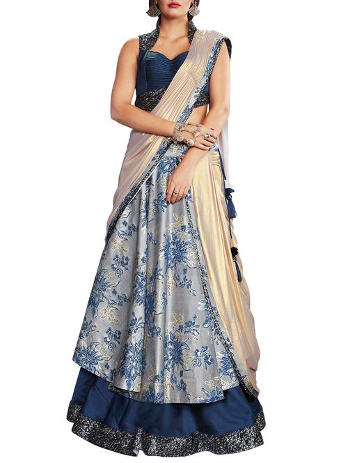 floral foil printed lehenga saree with blouse - 15832165 - Very Small Image - 1