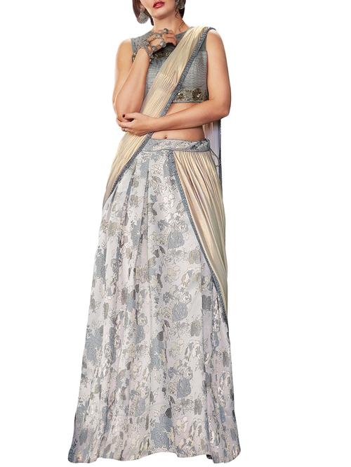 floral foil printed grey lehenga saree with blouse - 15832166 - Very Small Image - 1