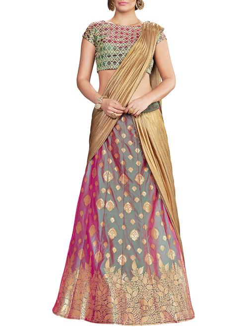 zari motif burgundy ehenga saree with blouse - 15832171 - Very Small Image - 1