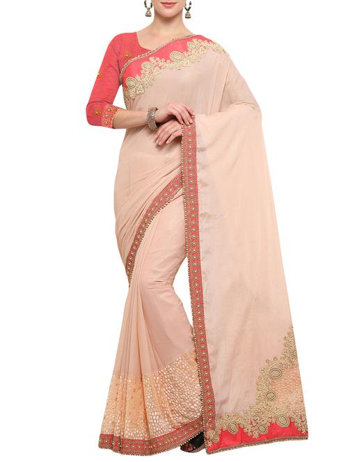 embroidered border peach saree with blouse - 15832182 - Very Small Image - 1