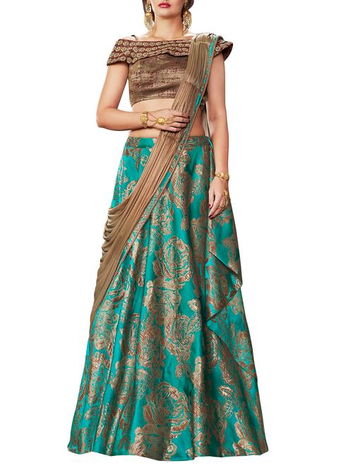 floral zari motifs turquoise lehenga saree with blouse - 15832183 - Very Small Image - 1