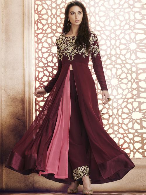 embroidered front high-slit layered kalidaar suit - 15832385 - Very Small Image - 1