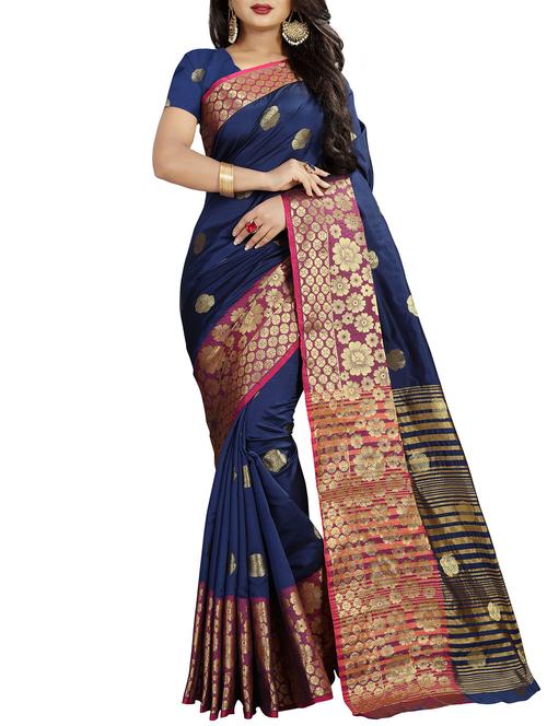 floral zari motif navy blue banarasi saree with blouse - 15834773 - Very Small Image - 1
