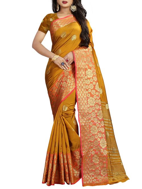 floral zari motif mustard banarasi saree with blouse - 15834791 - Very Small Image - 1