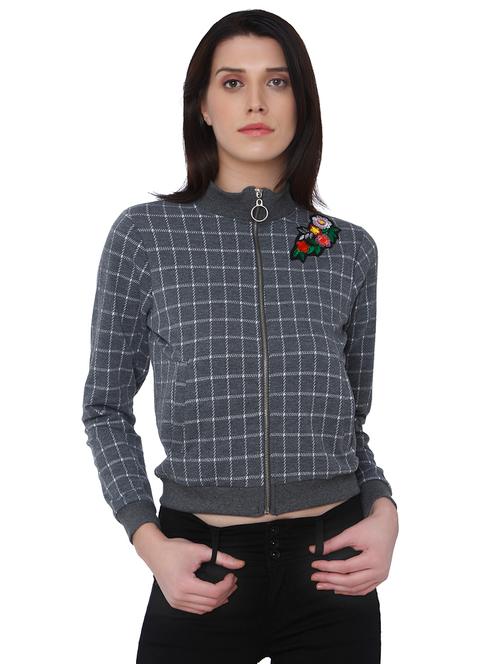 embroidered patch checkered zip up jacket - 15836673 - Very Small Image - 1