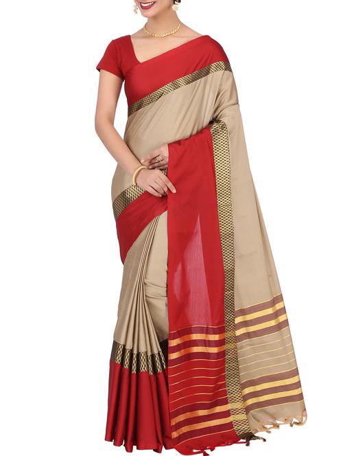 contrast zari border beige woven saree with blouse - 15837360 - Very Small Image - 1