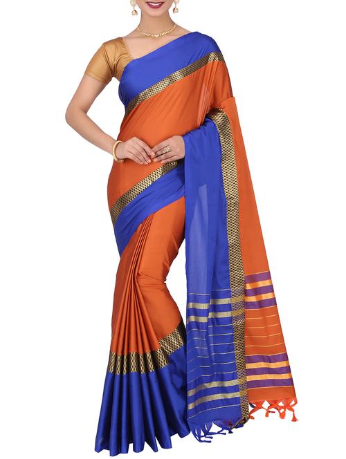 contrast zari border orange woven saree with blouse - 15837364 - Very Small Image - 1