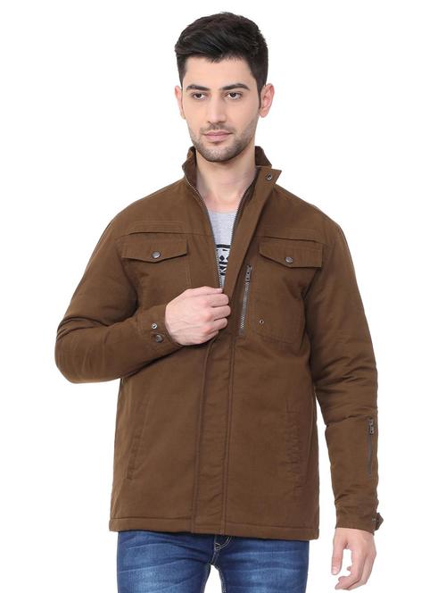 brown solid casual jacket - 15838047 - Very Small Image - 1
