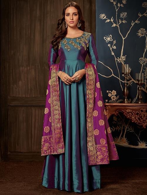 embroidered semi-stitched flared suit - 15838575 - Very Small Image - 1