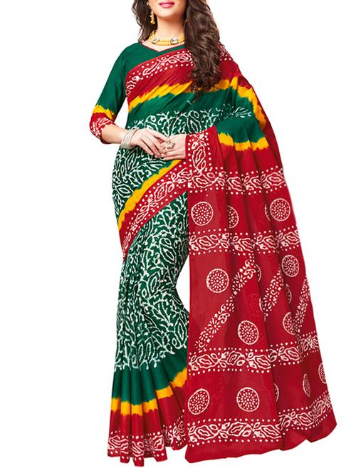 contrast border batik green printed saree with blouse - 15838609 - Very Small Image - 1