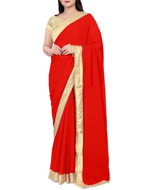 pearl lace border red saree with blouse - 15838637 - Very Small Image - 1