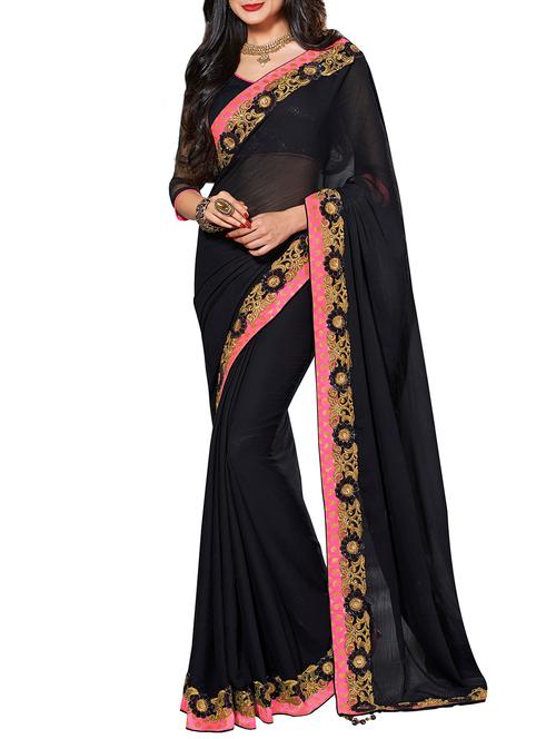 floral embroidred border black saree with blouse - 15838718 - Very Small Image - 1