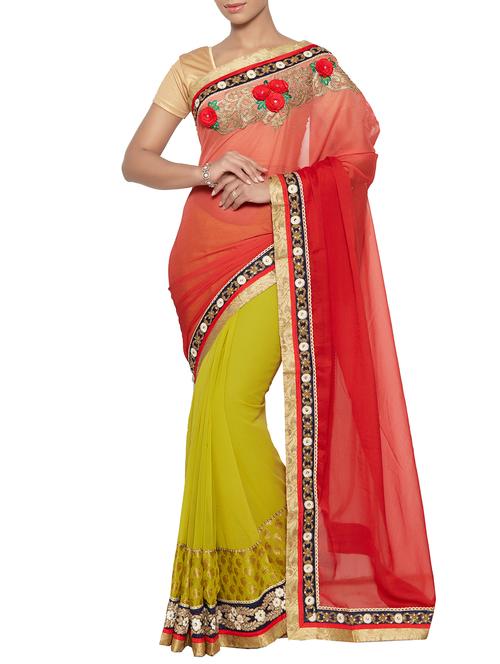 floral embroidered ombre half and half saree with blouse - 15838722 - Very Small Image - 1