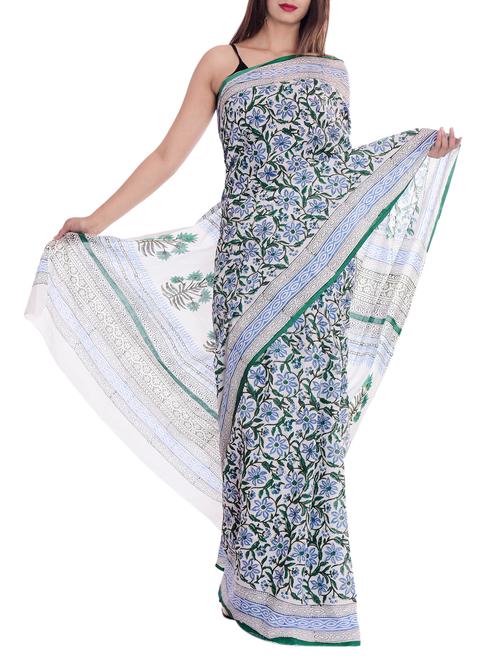 floral block printed white saree with blouse - 15839982 - Very Small Image - 1