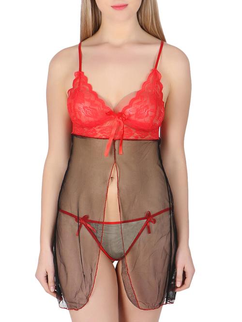 lace detail sheer babydoll with g-string - 15840152 - Very Small Image - 1