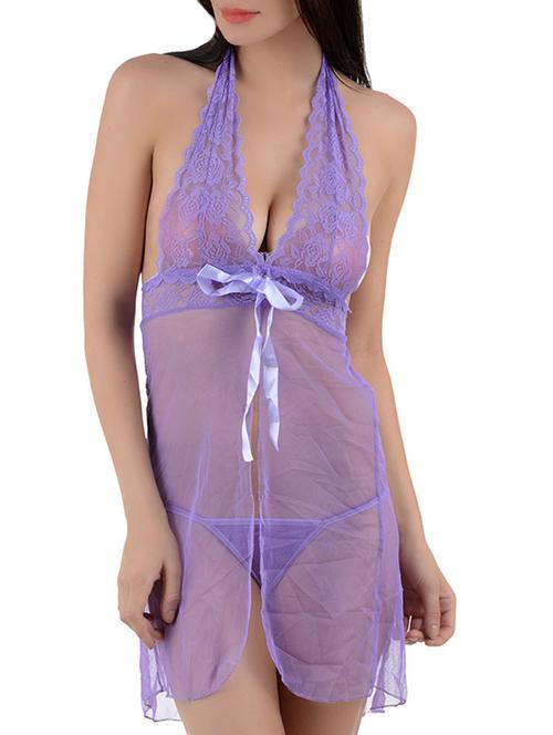 lace detail sheer babydoll with g-string - 15840156 - Very Small Image - 1