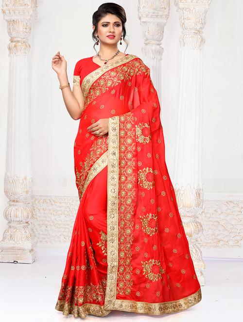 floral embroidered coral red saree with blouse - 15840632 - Very Small Image - 1