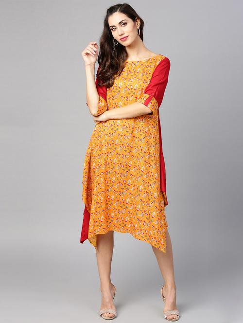 yellow viscose fit & flare dress - 15840722 - Very Small Image - 1