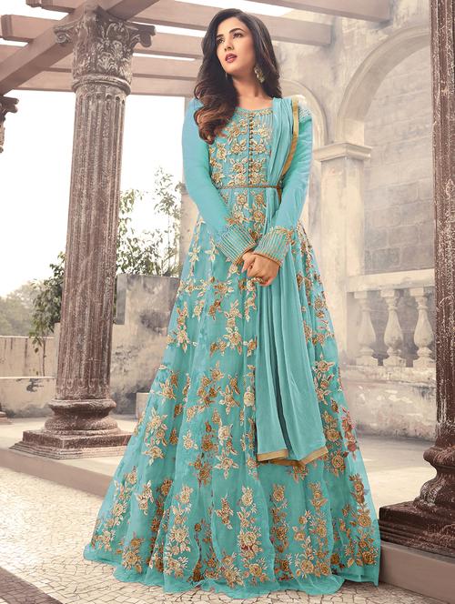 embroidered semi-stitched kalidaar suit - 15841588 - Very Small Image - 1