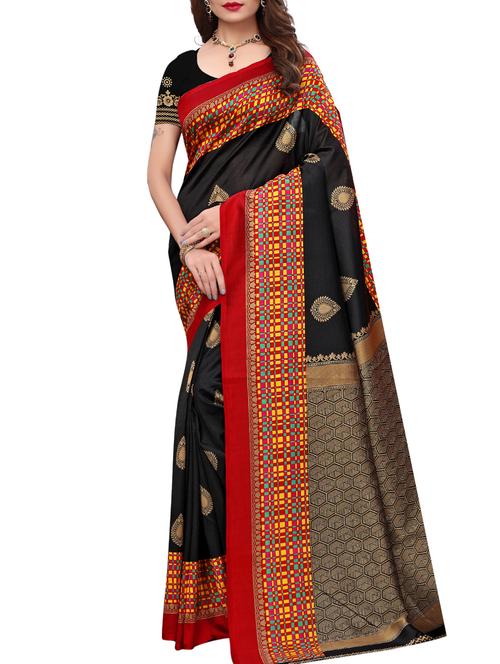 contrast border printed maysore art silk saree with blouse - 15843251 - Very Small Image - 1
