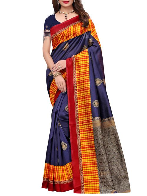 contrast border printed maysore art silk saree with blouse - 15843254 - Very Small Image - 1