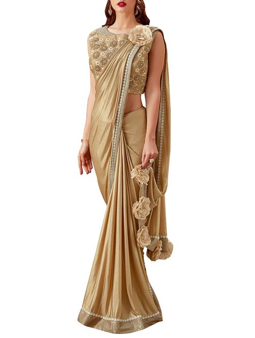 solid draped saree with blouse - 15845277 - Very Small Image - 1