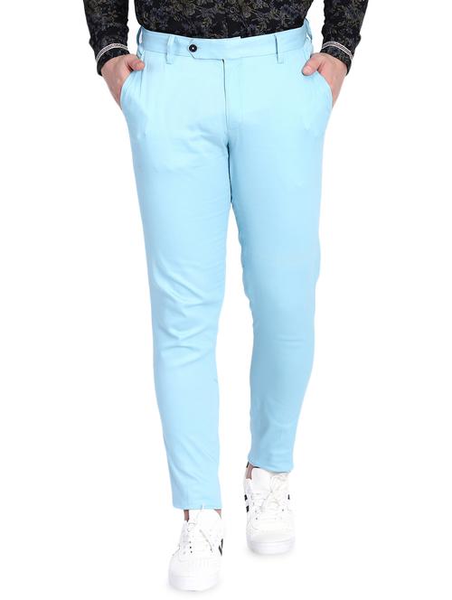 light blue cotton flat front casual trousers - 15845309 - Very Small Image - 1