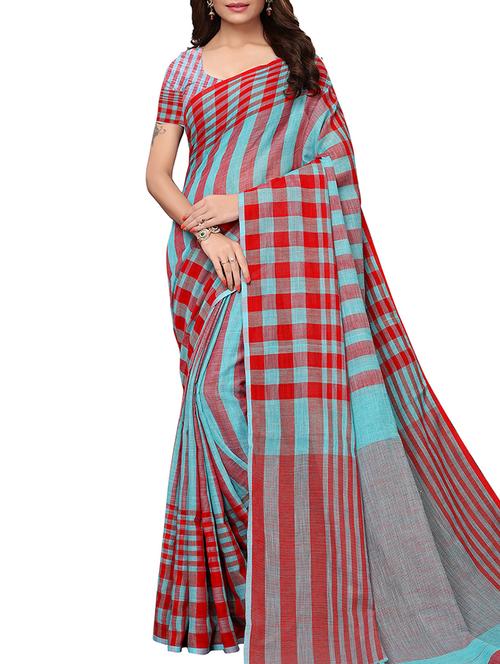 checkered handloom saree with blouse - 15846279 - Very Small Image - 1