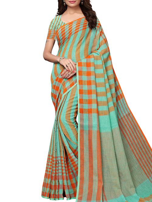 checkered handloom saree with blouse - 15846282 - Very Small Image - 1