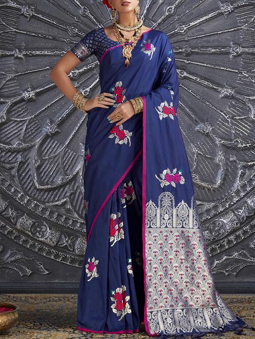 floral jacquard banarasi saree with blouse - 15846300 - Very Small Image - 1