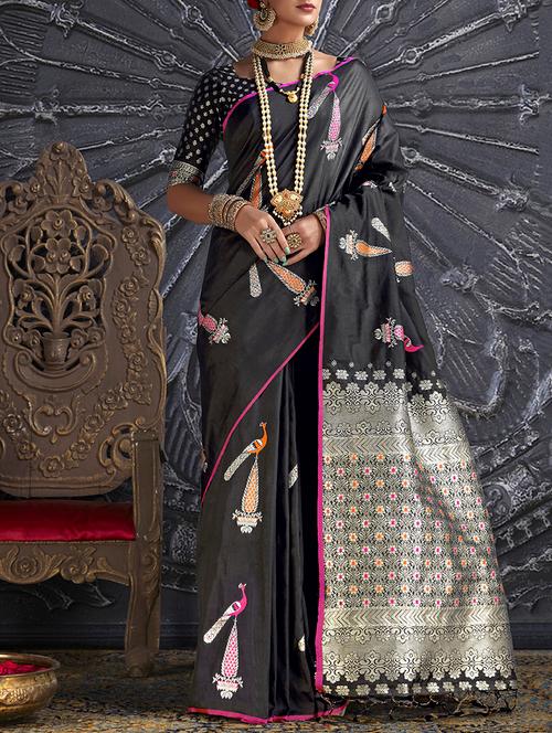 bird motif jacquard banarasi saree with blouse - 15846302 - Very Small Image - 1