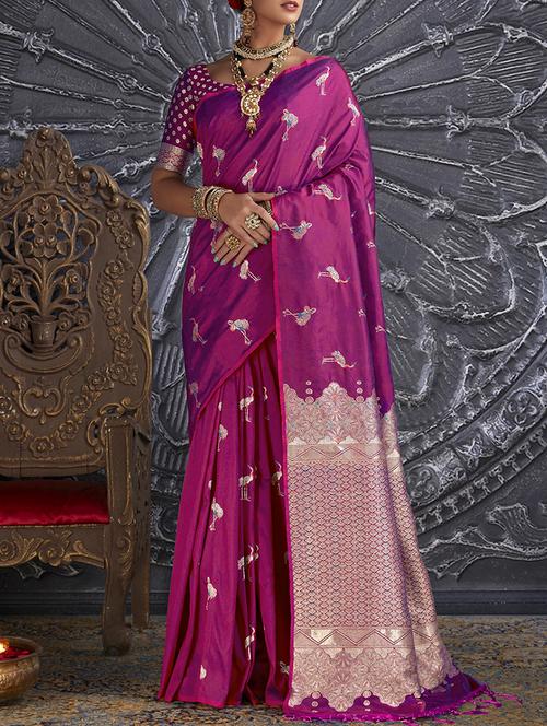 bird motif jacquard banarasi saree with blouse - 15846303 - Very Small Image - 1