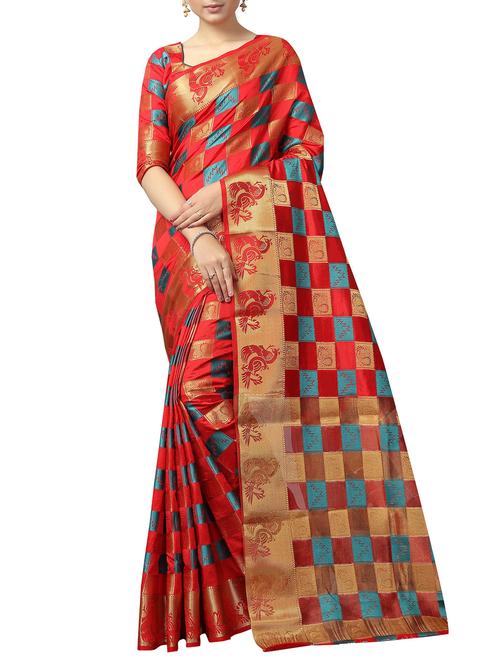 checkered zari motif kanjivaram saree - 15846863 - Very Small Image - 1