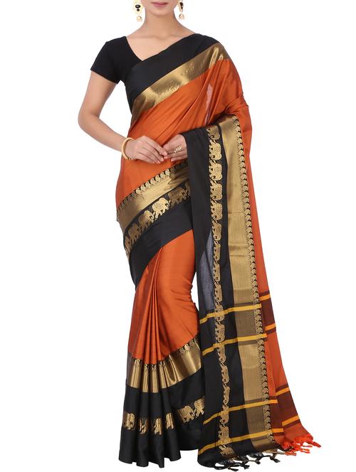 contrast zari border woven saree with blouse - 15848615 - Very Small Image - 1