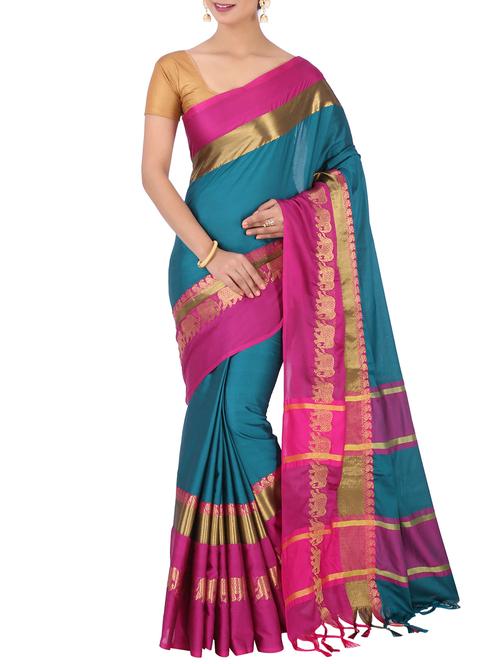 contrast zari border woven saree with blouse - 15848620 - Very Small Image - 1