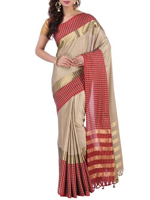 checkered zari motifs woven saree with blouse - 15848633 - Very Small Image - 1
