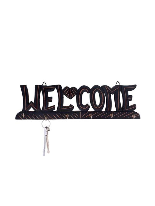 desi karigar wooden antique welcome shaped key holder with 6 hooks size (lxbxh-14x1x4) inch - 15848707 - Very Small Image - 1