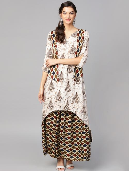 printed beige kurta with skirt set - 15849338 - Very Small Image - 1
