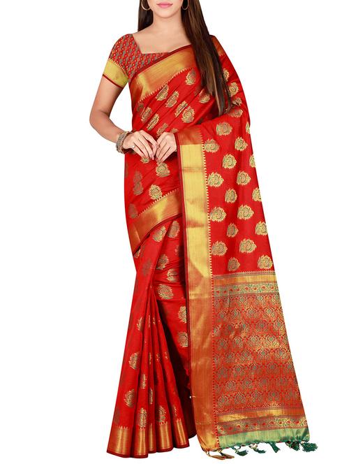 zari motif jacquard weave saree with blouse - 15849478 - Very Small Image - 1