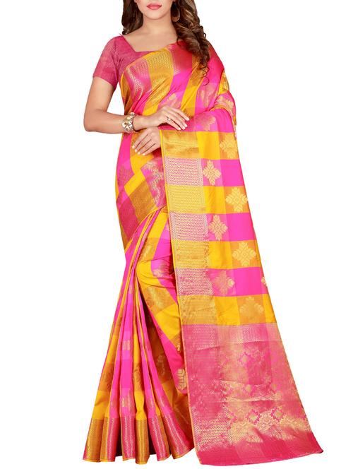 checkered woven banarasi saree with blouse - 15849514 - Very Small Image - 1