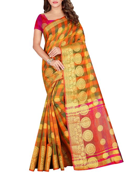 checkered woven banarasi saree with blouse - 15849517 - Very Small Image - 1