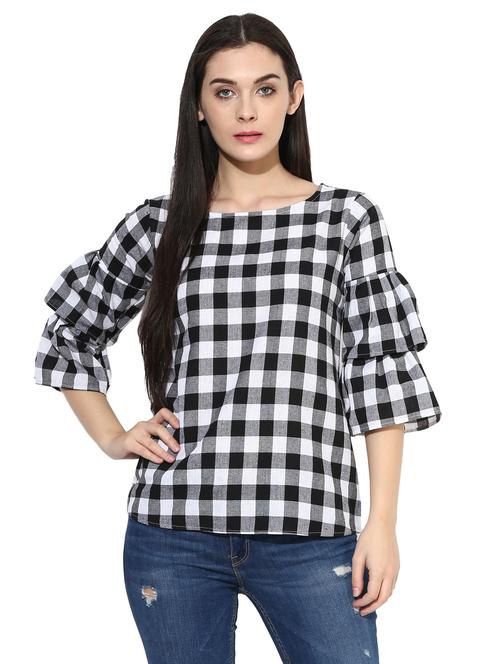 tiered bell sleeve checkered top - 15850034 - Very Small Image - 1