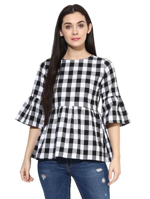 bell sleeved checkered top - 15850038 - Very Small Image - 1