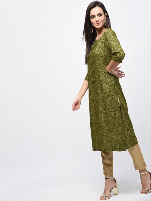 olive printed a-line kurta - 15850601 - Very Small Image - 1