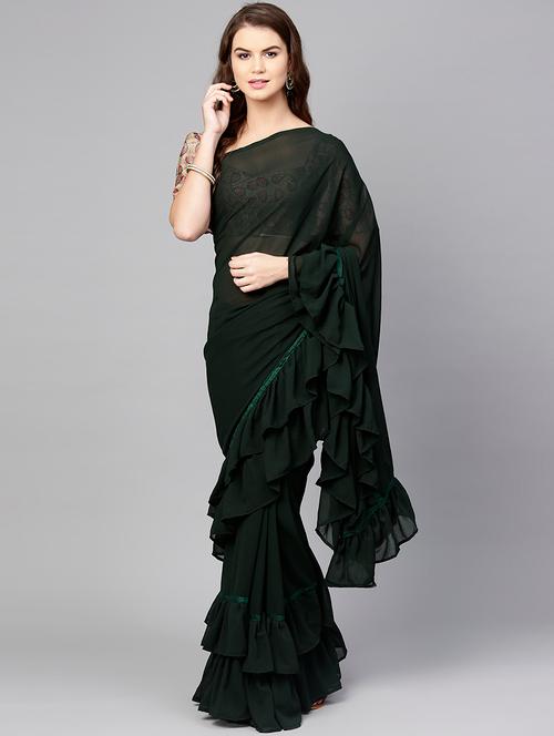 bottle green ruffle border fusion saree with blouse - 15850896 - Very Small Image - 1