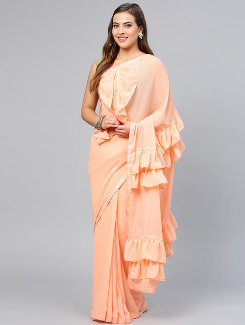 peach ruffle border fusion saree with blouse - 15850899 - Very Small Image - 1