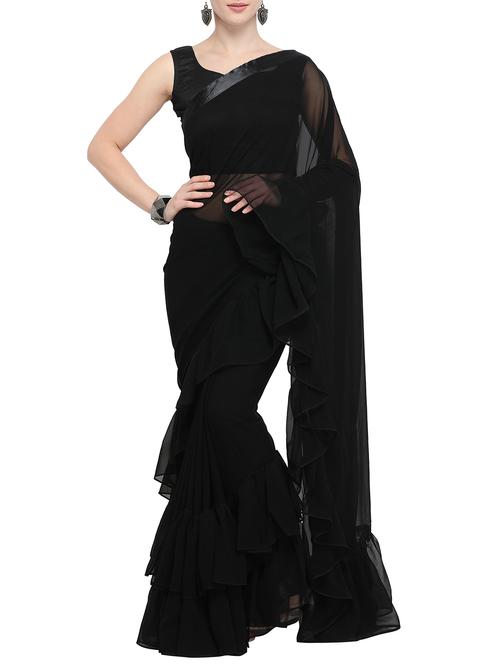 solid ruffle black saree with blouse - 15852119 - Very Small Image - 1